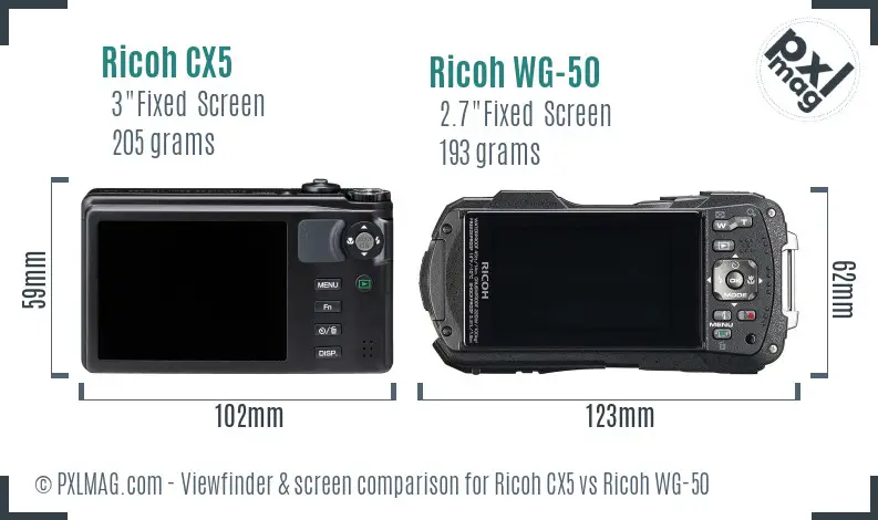 Ricoh CX5 vs Ricoh WG-50 Screen and Viewfinder comparison