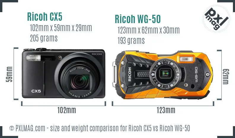 Ricoh CX5 vs Ricoh WG-50 size comparison
