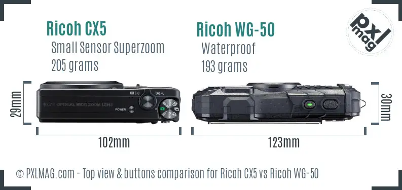 Ricoh CX5 vs Ricoh WG-50 top view buttons comparison