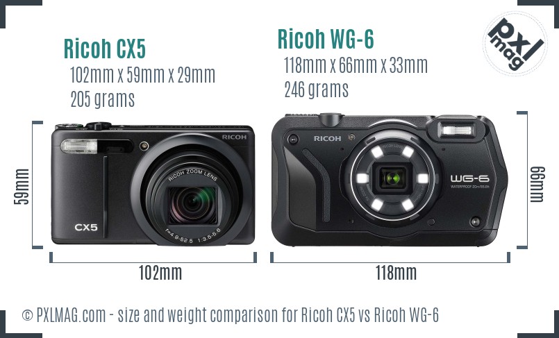 Ricoh CX5 vs Ricoh WG-6 size comparison