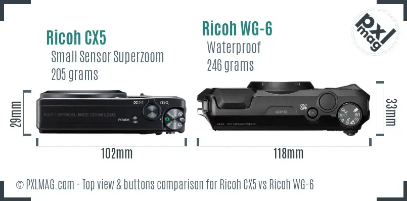 Ricoh CX5 vs Ricoh WG-6 top view buttons comparison