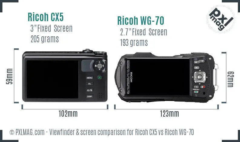 Ricoh CX5 vs Ricoh WG-70 Screen and Viewfinder comparison