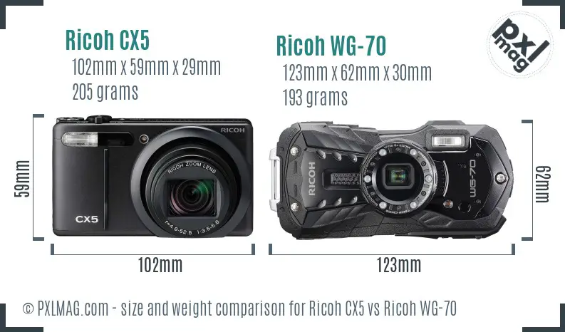 Ricoh CX5 vs Ricoh WG-70 size comparison