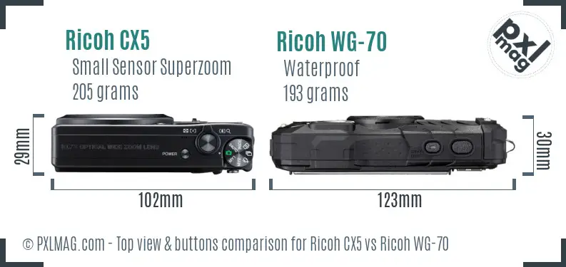 Ricoh CX5 vs Ricoh WG-70 top view buttons comparison
