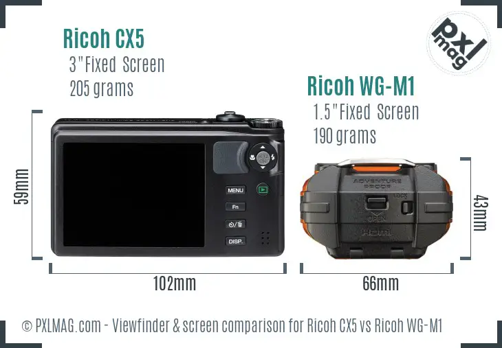Ricoh CX5 vs Ricoh WG-M1 Screen and Viewfinder comparison