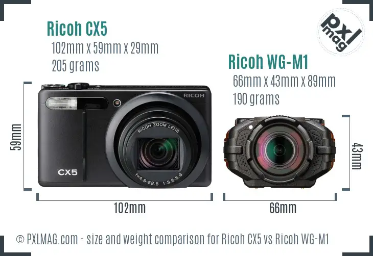 Ricoh CX5 vs Ricoh WG-M1 size comparison
