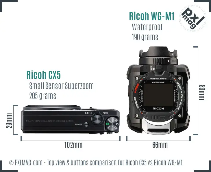 Ricoh CX5 vs Ricoh WG-M1 top view buttons comparison