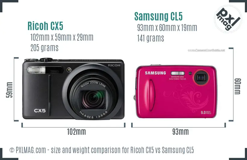 Ricoh CX5 vs Samsung CL5 size comparison