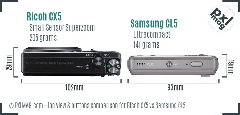 Ricoh CX5 vs Samsung CL5 top view buttons comparison