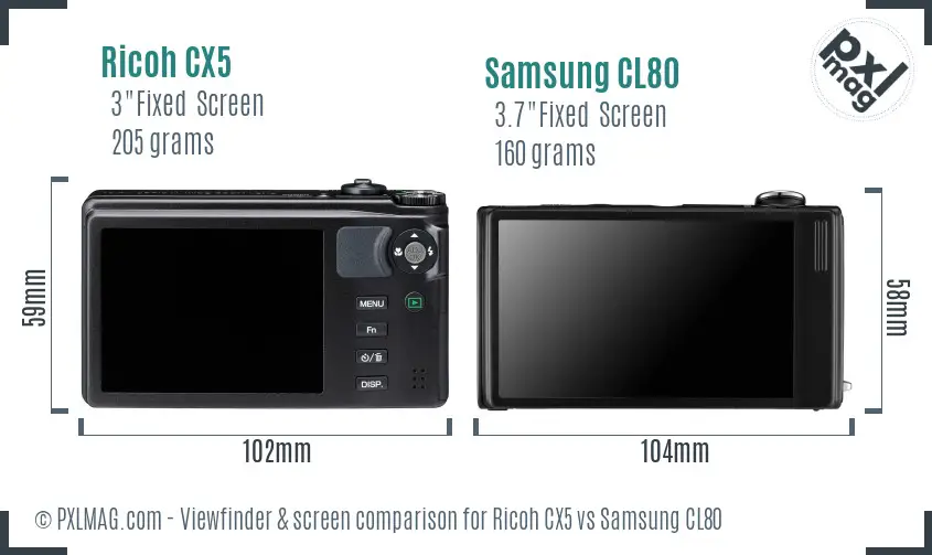Ricoh CX5 vs Samsung CL80 Screen and Viewfinder comparison