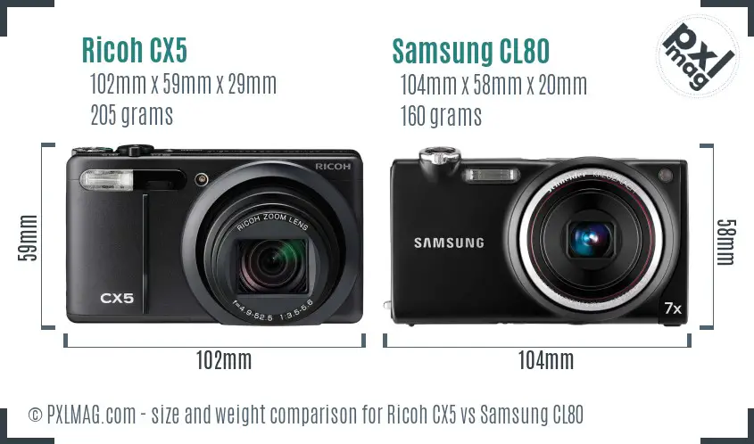 Ricoh CX5 vs Samsung CL80 size comparison