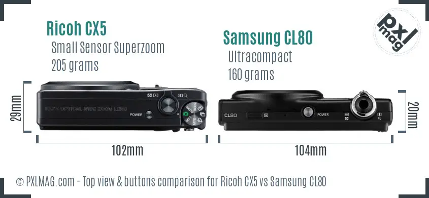 Ricoh CX5 vs Samsung CL80 top view buttons comparison