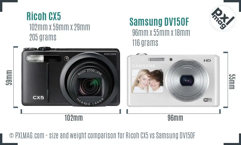 Ricoh CX5 vs Samsung DV150F size comparison