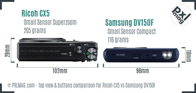 Ricoh CX5 vs Samsung DV150F top view buttons comparison