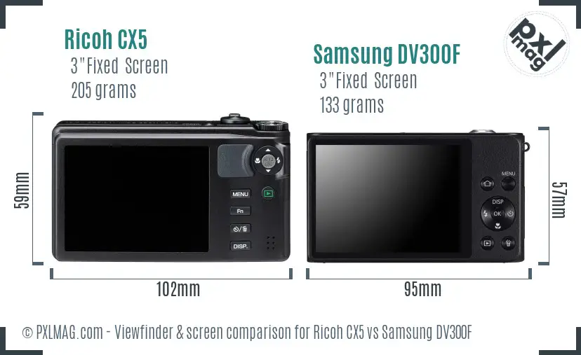 Ricoh CX5 vs Samsung DV300F Screen and Viewfinder comparison