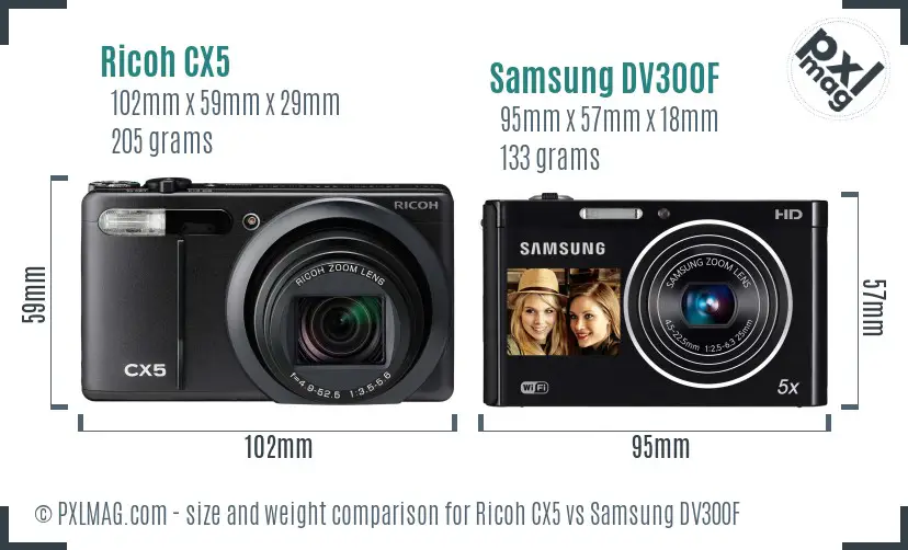 Ricoh CX5 vs Samsung DV300F size comparison