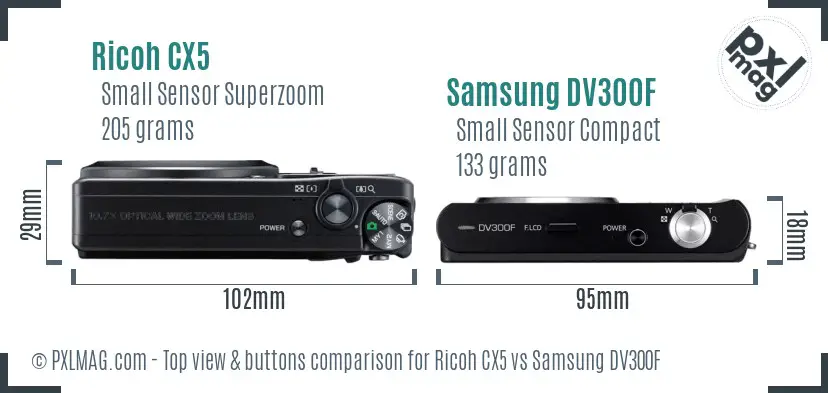 Ricoh CX5 vs Samsung DV300F top view buttons comparison