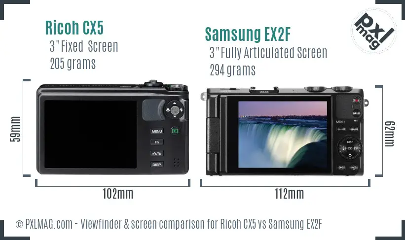 Ricoh CX5 vs Samsung EX2F Screen and Viewfinder comparison
