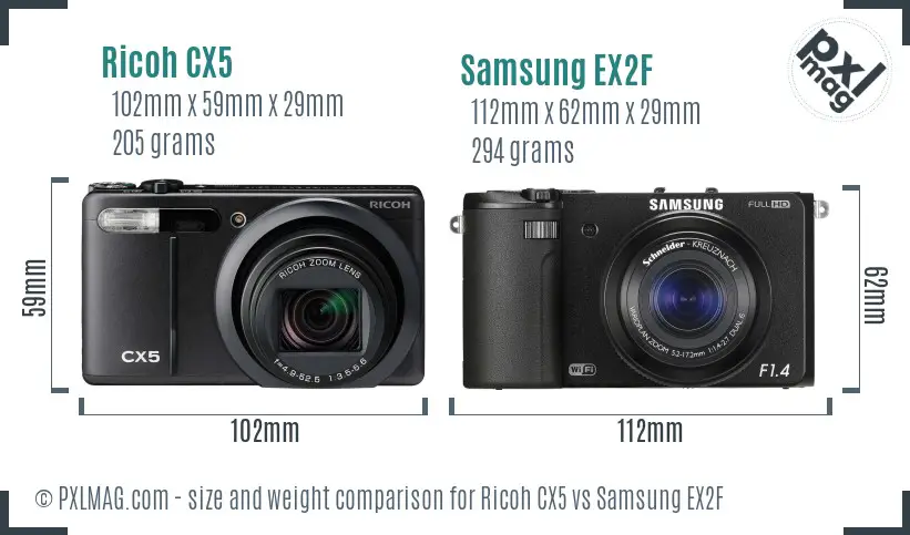 Ricoh CX5 vs Samsung EX2F size comparison