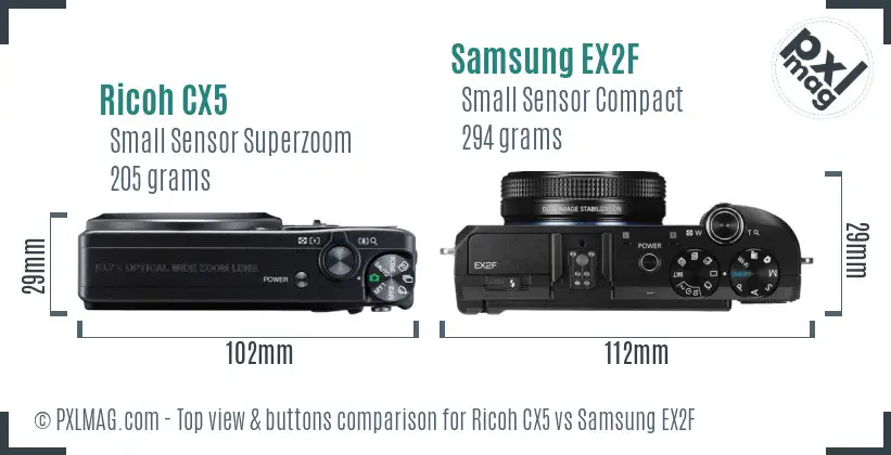 Ricoh CX5 vs Samsung EX2F top view buttons comparison