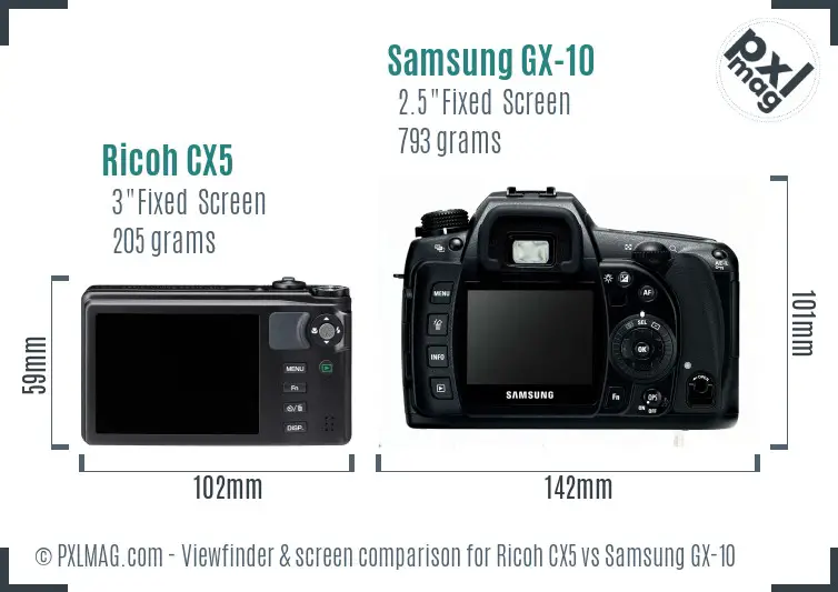 Ricoh CX5 vs Samsung GX-10 Screen and Viewfinder comparison