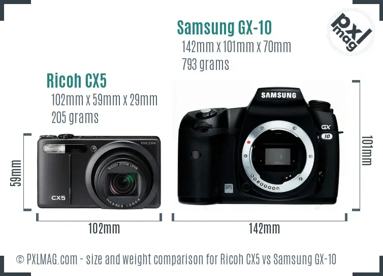 Ricoh CX5 vs Samsung GX-10 size comparison