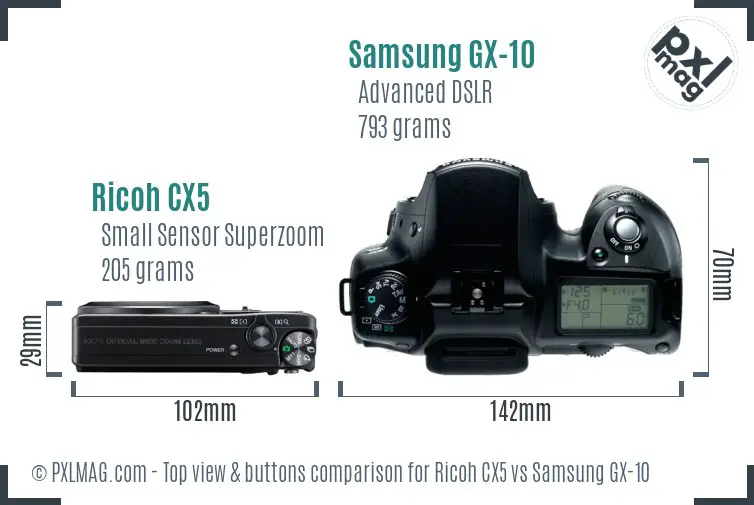Ricoh CX5 vs Samsung GX-10 top view buttons comparison