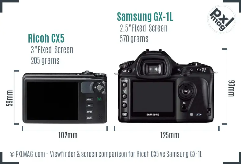 Ricoh CX5 vs Samsung GX-1L Screen and Viewfinder comparison