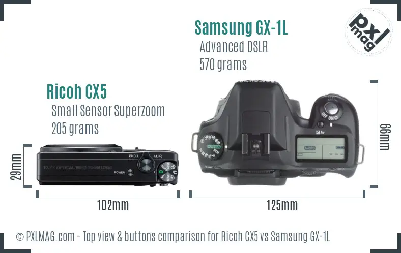 Ricoh CX5 vs Samsung GX-1L top view buttons comparison