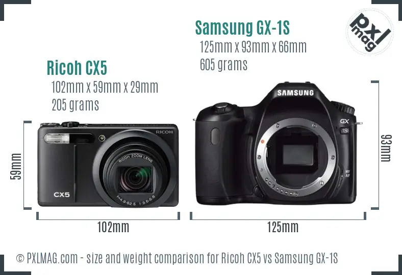 Ricoh CX5 vs Samsung GX-1S size comparison