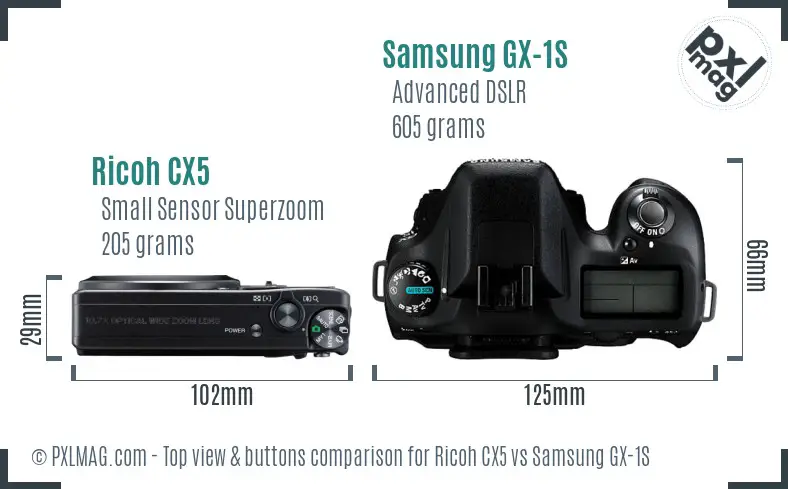 Ricoh CX5 vs Samsung GX-1S top view buttons comparison