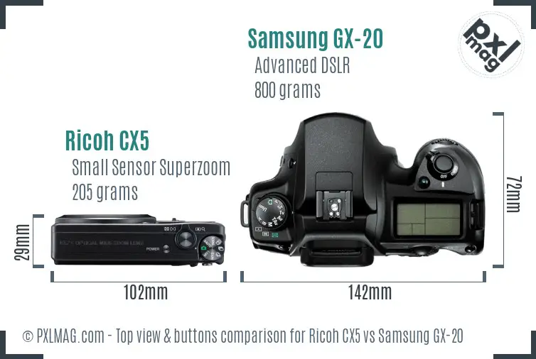 Ricoh CX5 vs Samsung GX-20 top view buttons comparison
