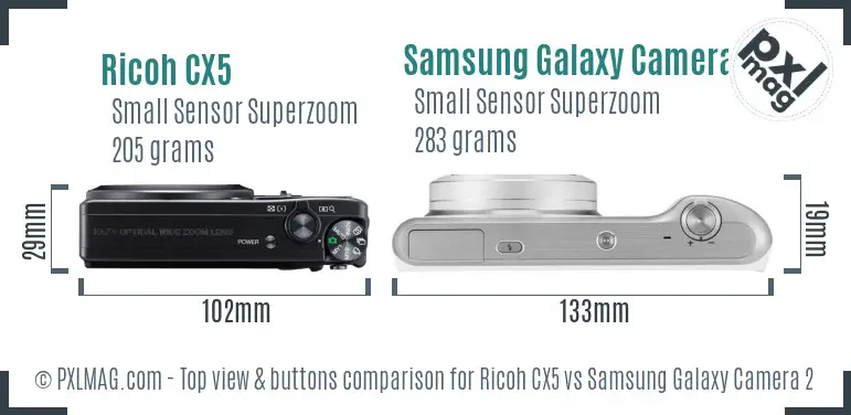 Ricoh CX5 vs Samsung Galaxy Camera 2 top view buttons comparison