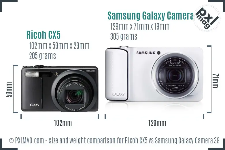 Ricoh CX5 vs Samsung Galaxy Camera 3G size comparison