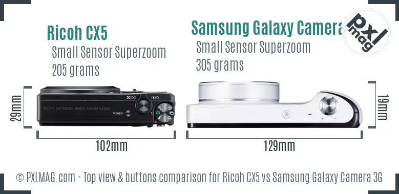 Ricoh CX5 vs Samsung Galaxy Camera 3G top view buttons comparison