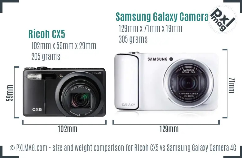 Ricoh CX5 vs Samsung Galaxy Camera 4G size comparison