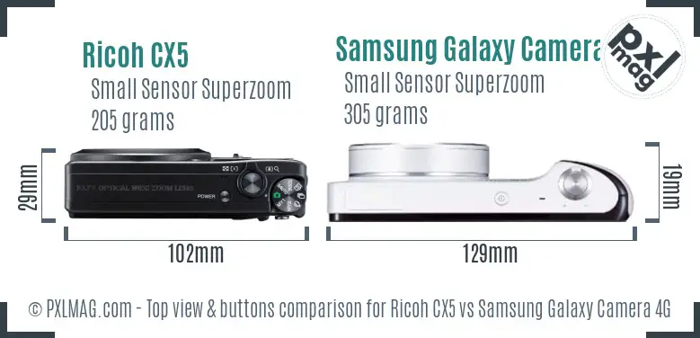 Ricoh CX5 vs Samsung Galaxy Camera 4G top view buttons comparison