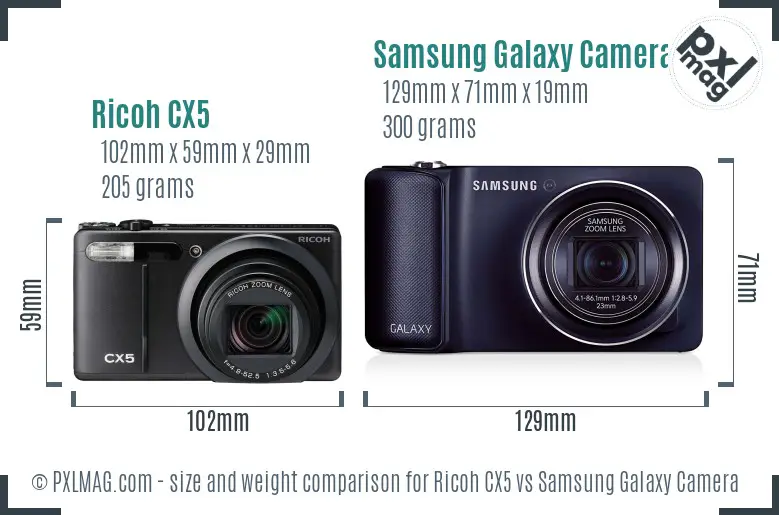 Ricoh CX5 vs Samsung Galaxy Camera size comparison
