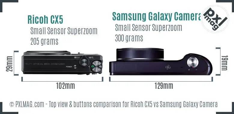 Ricoh CX5 vs Samsung Galaxy Camera top view buttons comparison