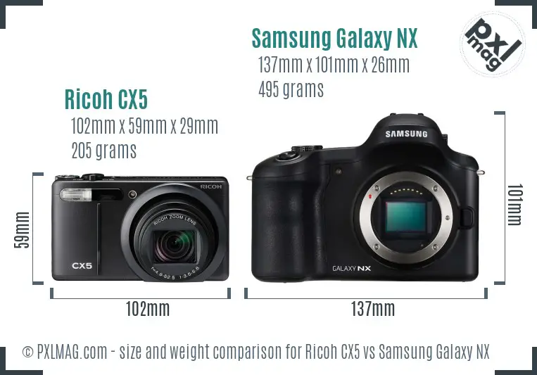 Ricoh CX5 vs Samsung Galaxy NX size comparison