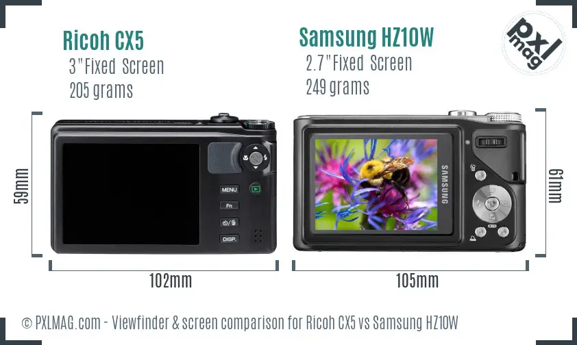 Ricoh CX5 vs Samsung HZ10W Screen and Viewfinder comparison