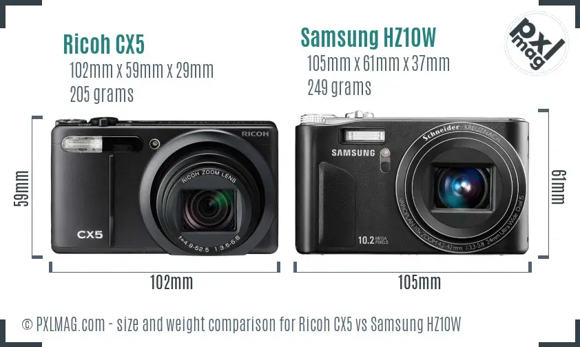 Ricoh CX5 vs Samsung HZ10W size comparison