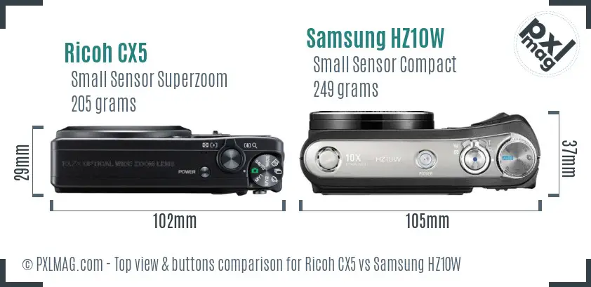 Ricoh CX5 vs Samsung HZ10W top view buttons comparison
