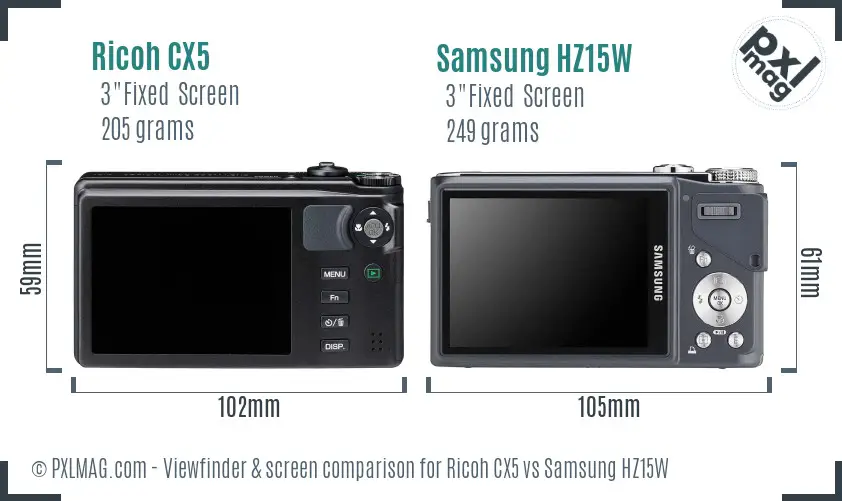 Ricoh CX5 vs Samsung HZ15W Screen and Viewfinder comparison