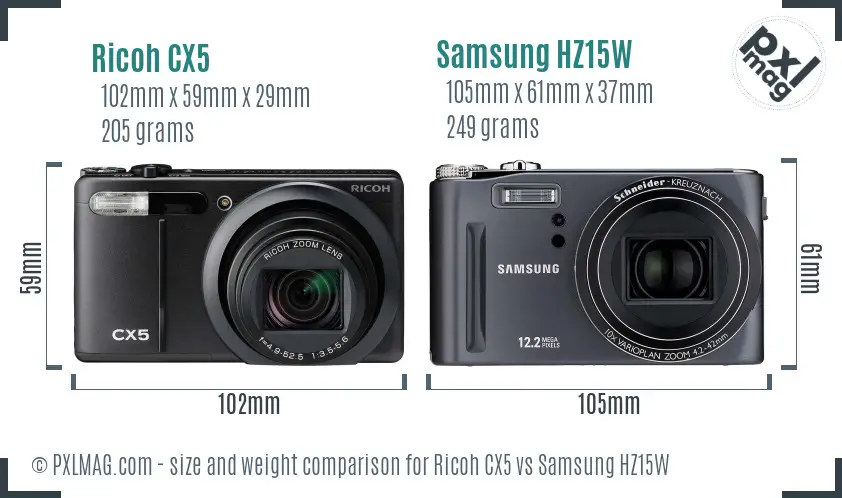 Ricoh CX5 vs Samsung HZ15W size comparison