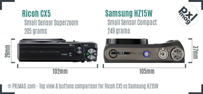 Ricoh CX5 vs Samsung HZ15W top view buttons comparison