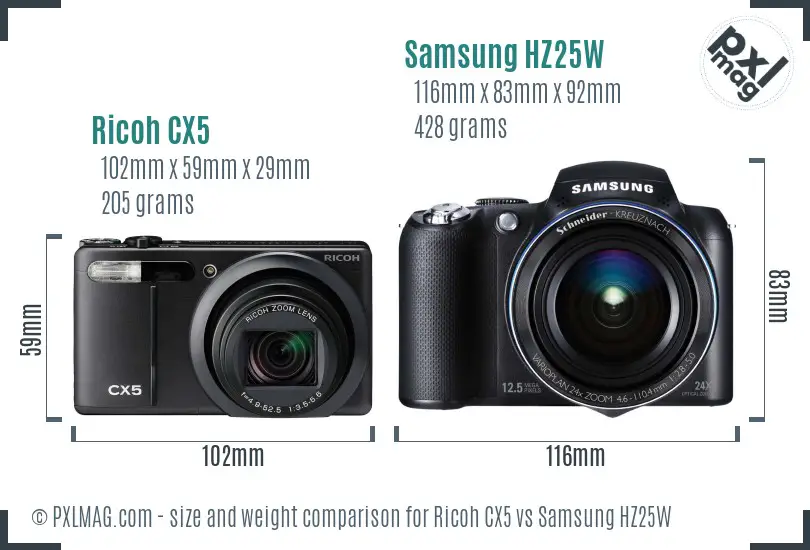 Ricoh CX5 vs Samsung HZ25W size comparison