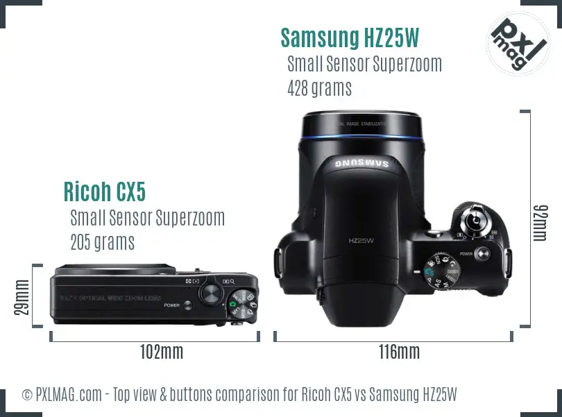 Ricoh CX5 vs Samsung HZ25W top view buttons comparison