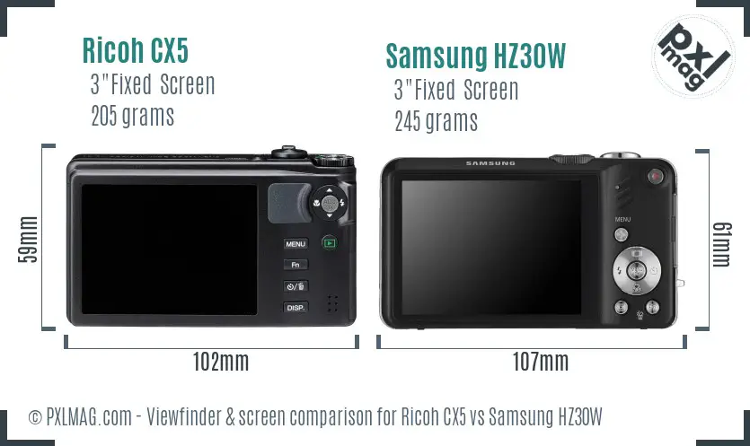 Ricoh CX5 vs Samsung HZ30W Screen and Viewfinder comparison