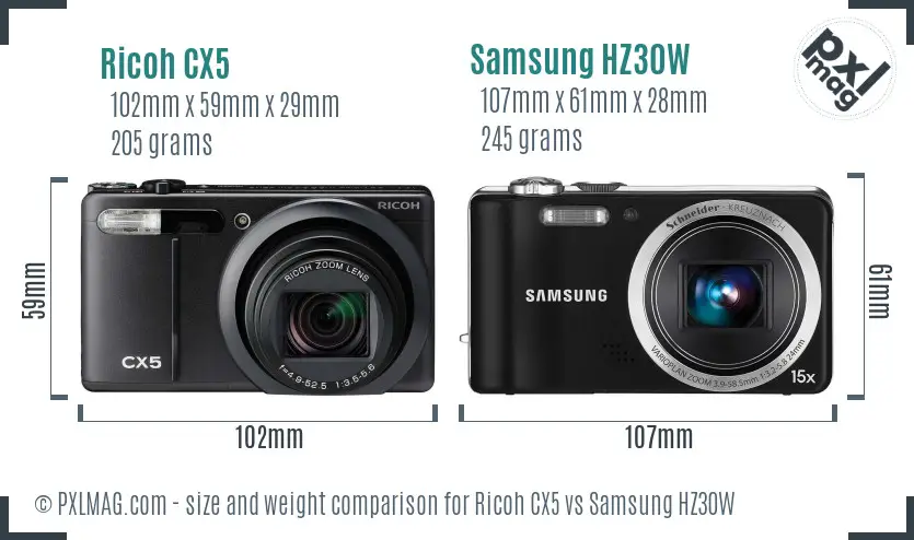 Ricoh CX5 vs Samsung HZ30W size comparison